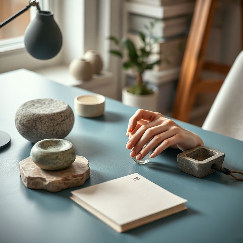 Hands arranging a stone paperweight and ceramic plant pot on a teal-modern desk in natural northern light