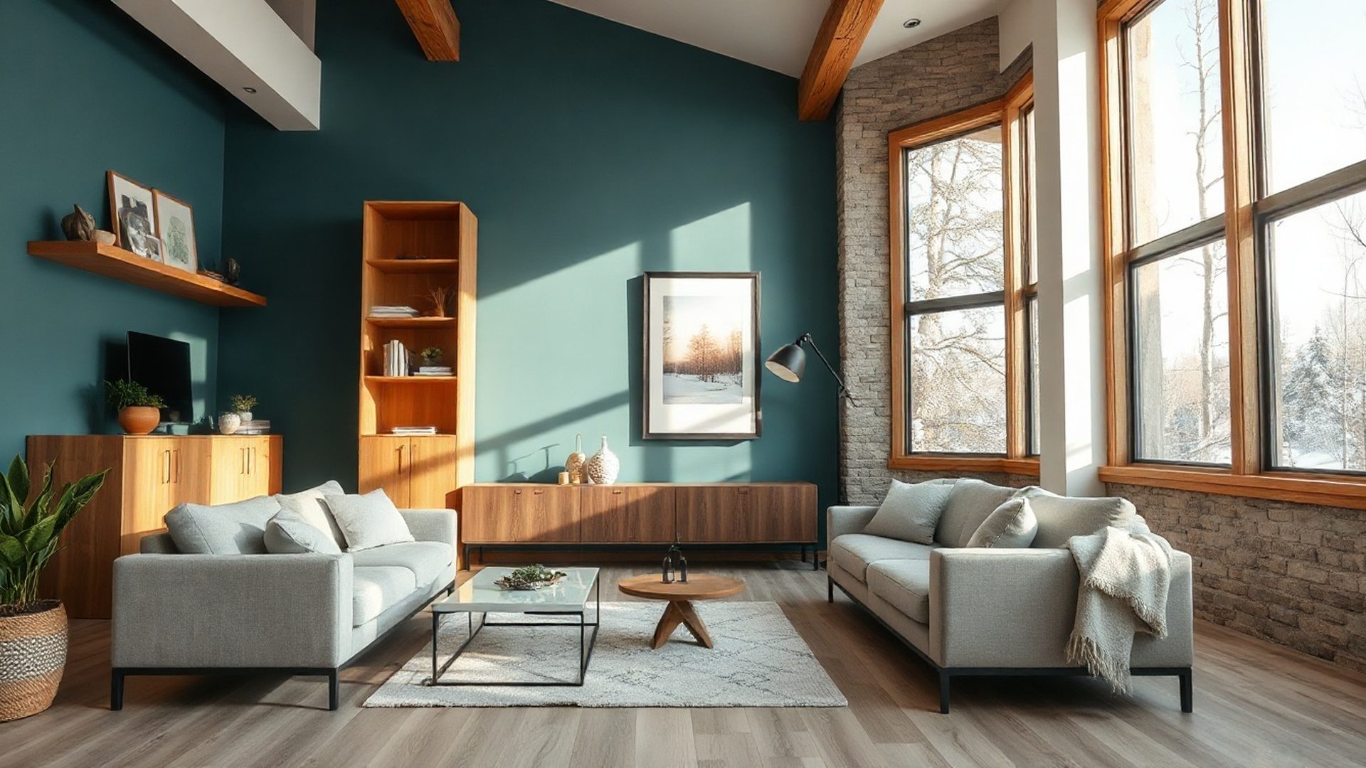 Editorial-warm Winnipeg living room with a teal accent wall, warm timber shelving, and clean northern light