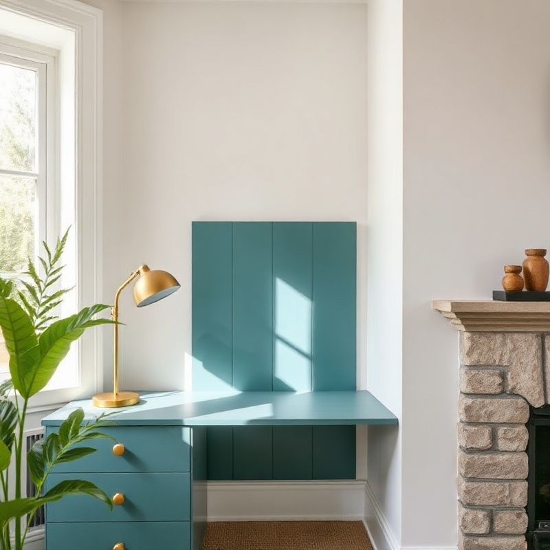 Teal-painted alcove with brushed brass lamp and off-white walls in a calm Canadian home