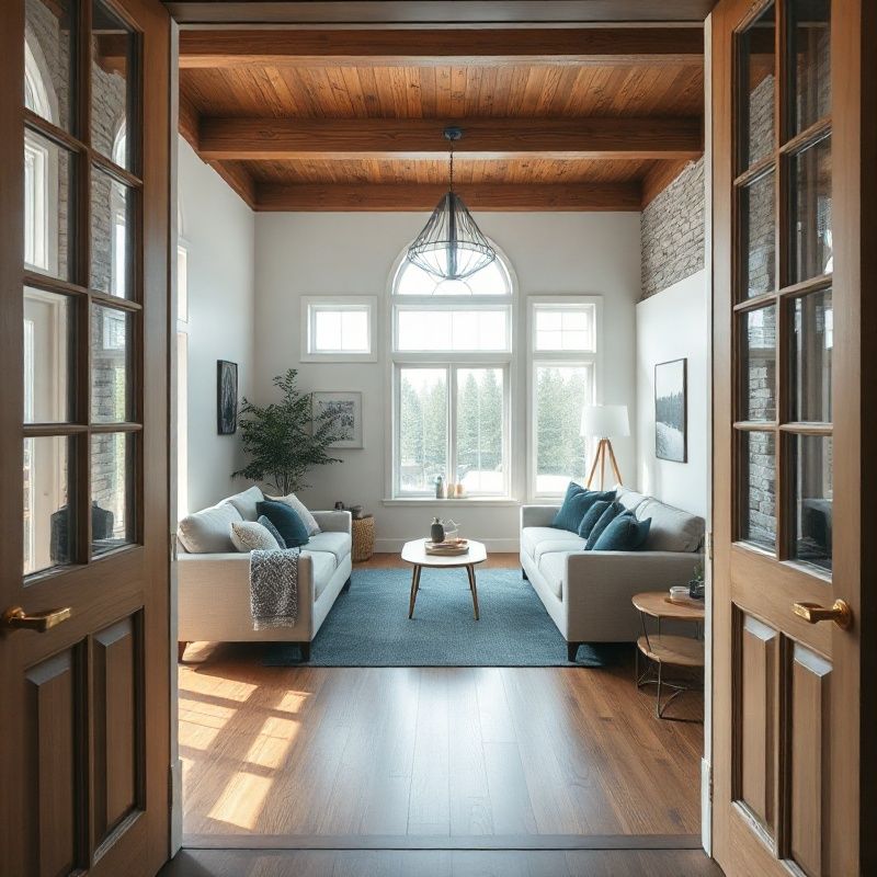 Balanced Canadian living room seen from the doorway with symmetrical furniture and a teal-modern accent