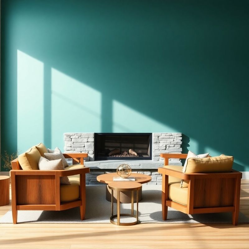 Teal feature wall in a modern Canadian living room with warm timber furniture and brushed brass hardware