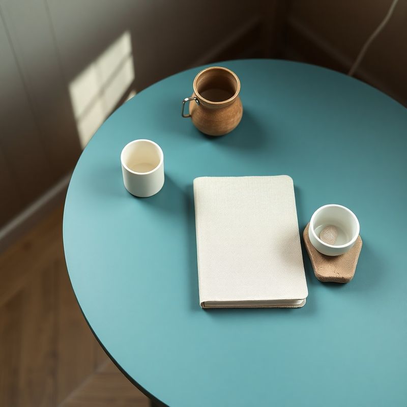 Editorial-warm flat-lay of a linen notebook and ceramic cup on a teal-modern surface